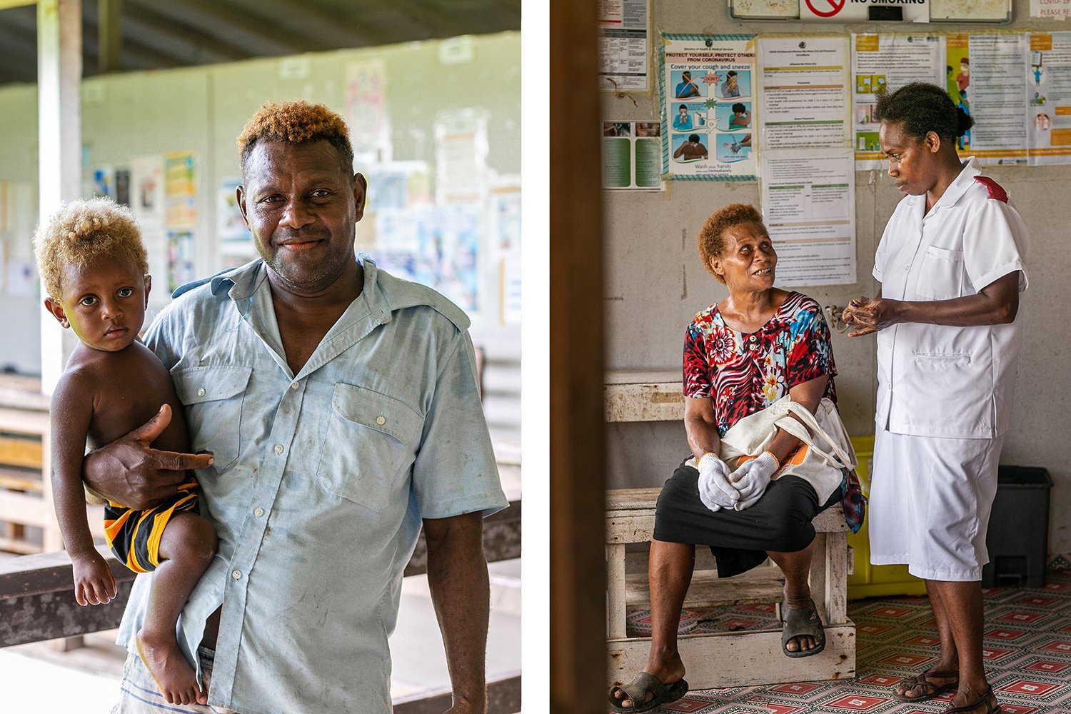Left: Patient John Sade and his son leave the Tulagi Clinic outpatient area. Right: Virginia Legaile meets with her patient, Jane Teva.