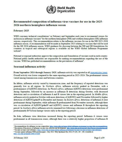 Recommended composition of influenza virus vaccines for use in the 2025 southern hemisphere influenza season