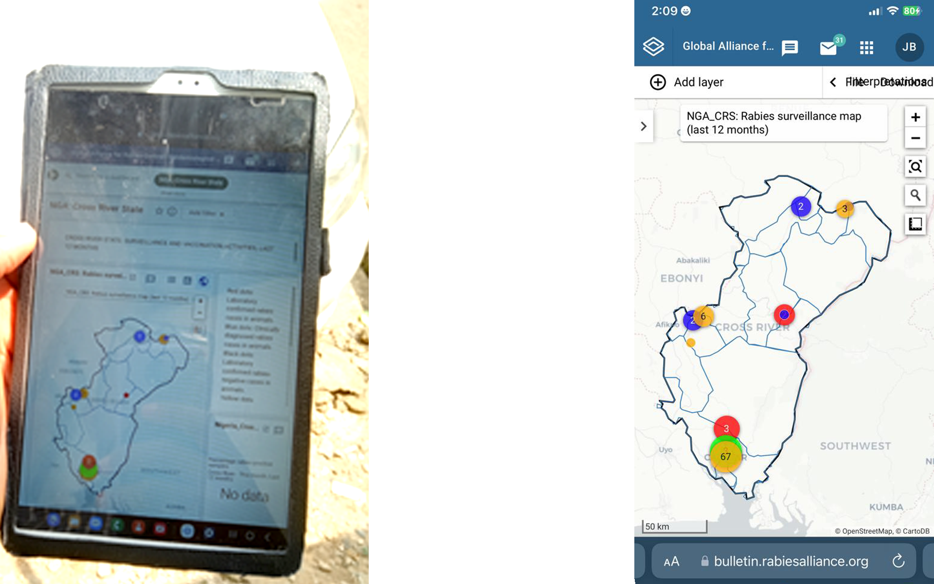 Rabies-Nigeria4 The DHIS2-based rabies surveillance app displaying real time bite and case reports across Cross River State.
