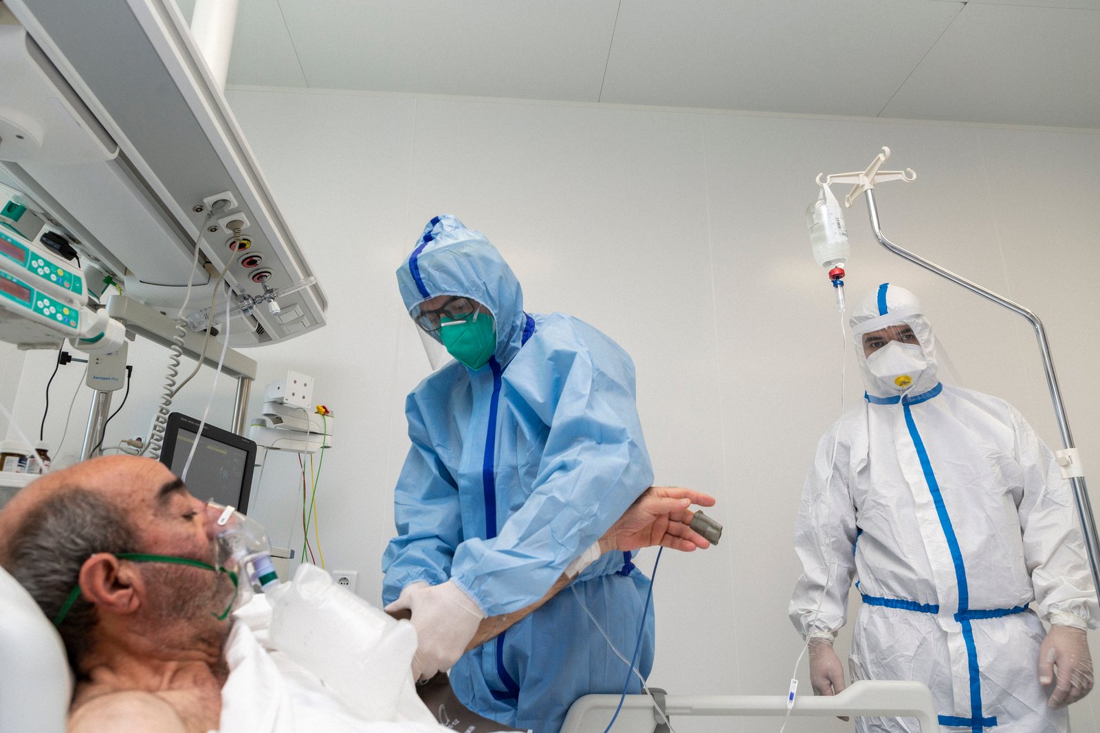 Medical staff work in the 'red zone' of a temporary medical facility established for COVID-19 patients at the New Clinic in Baku, Azerbaijan.