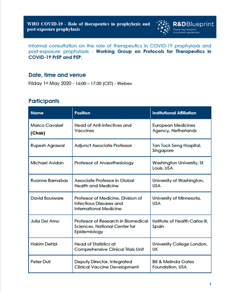 Informal consultation on the role of therapeutics in COVID-19 prophylaxis and post-exposure prophylaxis - 1 May 2020